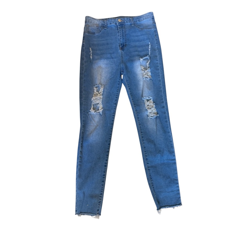 SHEIN Mid-Blue Distressed Ripped Skinny Jeans with Frayed Hem Sz XL Pre-Loved